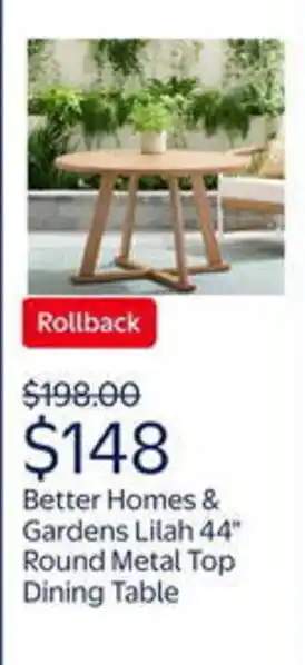 Walmart Better homes & gardens lilah 44" round metal top dining table offer