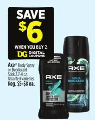 Dollar General Axe Body Spray or Deodorant Stick offer
