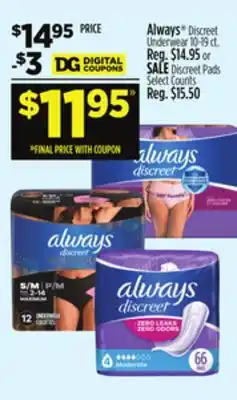 Dollar General Always Discreet Underwear offer