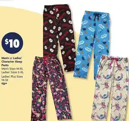 Family Dollar Men's or Ladies' Character Sleep Pants offer