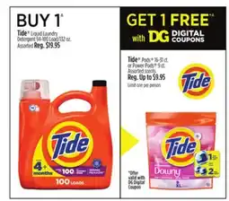Dollar General Tide Liquid Laundry Detergent 94-100 Load/132 oz. Tide Pods 16-31 ct. or Power Pods 9 ct offer