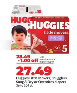 Hy-Vee Huggies Little Movers, Snugglers, Snug & Dry or Overnites diapers offer