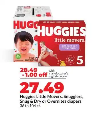 Hy-Vee Huggies Little Movers, Snugglers, Snug & Dry or Overnites diapers offer