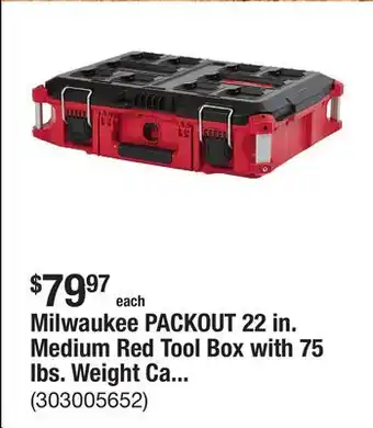 The Home Depot Milwaukee PACKOUT 22 in. Medium Red Tool Box with 75 lbs. Weight Capacity offer