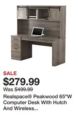 Office Depot Realspace Peakwood 65W Computer Desk With Hutch And Wireless Charging, Smoky Brown offer
