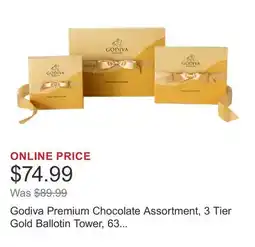 Costco Godiva Premium Chocolate Assortment, 3 Tier Gold Ballotin Tower, 63 Pieces Total offer