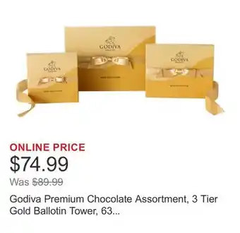 Costco Godiva Premium Chocolate Assortment, 3 Tier Gold Ballotin Tower, 63 Pieces Total offer