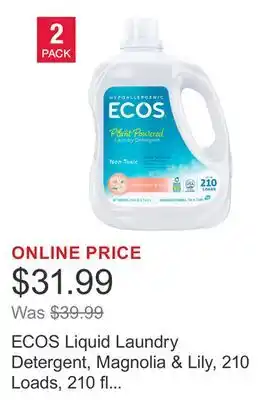 Costco ECOS Liquid Laundry Detergent, Magnolia & Lily, 210 Loads, 210 fl oz, 2-count offer