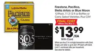 Ralphs Firestone, Pacifico, Stella Artois or Blue Moon offer