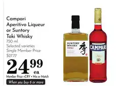Pavilions Campari Aperitivo Liqueur or Suntory Toki Whisky offer