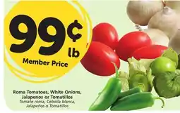 Vons Roma Tomatoes, White Onions, Jalapenos or Tomatillos offer