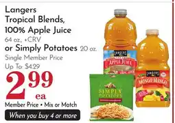 Pavilions Langers Tropical Blends, 100% Apple Juice 64 oz., or Simply Potatoes 20 oz offer