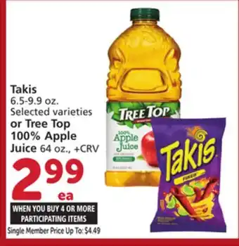 Vons Takis 6.5-9.9 oz. Selected varieties or Tree Top 100% Apple Juice 64 oz offer