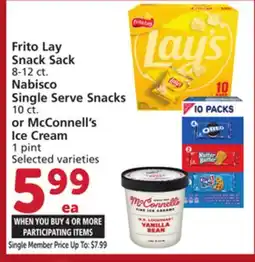 Vons Frito Lay Snack Sack 8-12 ct. Nabisco Single Serve Snacks 10 ct. or McConnell's Ice Cream 1 pint offer