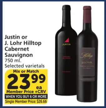 Vons Justin or J. Lohr Hilltop Cabernet Sauvignon offer