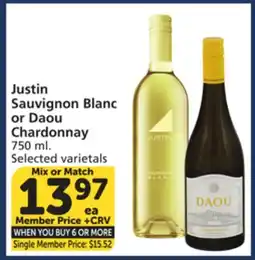 Vons Justin Sauvignon Blanc or Daou Chardonnay offer