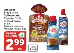 Albertsons Oroweat Bread 24 oz. Coffee-mate Creamer 28-32 oz. or Cold Foam 14 oz offer