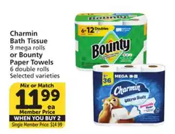 Albertsons Charmin Bath Tissue 9 mega rolls or Bounty Paper Towels 6 double rolls offer