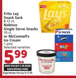 Albertsons Frito Lay Snack Sack 8-12 ct. Nabisco Single Serve Snacks 10 ct. or McConnell's Ice Cream 1 pint offer
