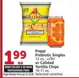 Albertsons Poppi Prebiotic Singles 12 oz., + CRV or Calidad Tortilla Chips 10-11 oz offer