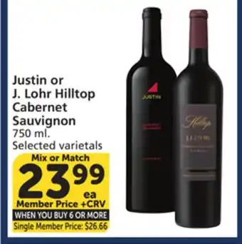 Albertsons Justin or J. Lohr Hilltop Cabernet Sauvignon offer