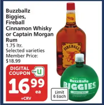 Albertsons Buzzballz Biggies, Fireball Cinnamon Whisky or Captain Morgan Rum offer