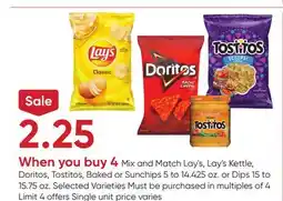 Stater Bros Lay's, Lay's Kettle, Doritos, Tostitos, Baked or Sunchips 5 to 14.425 oz. or Dips 15 to 15.75 oz offer
