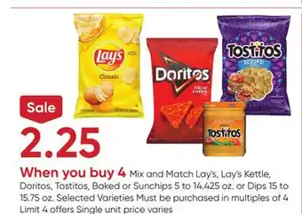 Stater Bros Lay's, Lay's Kettle, Doritos, Tostitos, Baked or Sunchips 5 to 14.425 oz. or Dips 15 to 15.75 oz offer