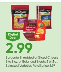 Stater Bros Sargento Shredded or Sliced Cheese 5 to 8 oz. or Balanced Breaks 2 or 3 ct offer