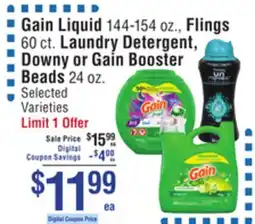Smart & Final Gain Liquid 144-154 oz., Flings 60 ct. Laundry Detergent, Downy or Gain Booster Beads 24 oz offer