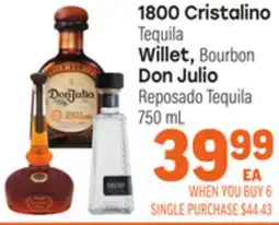 Tony’s Fresh Market 1800 Cristalino Tequila, Willet, Bourbon, Don Julio Reposado Tequila offer