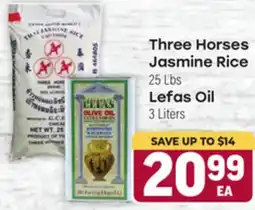 Tony’s Fresh Market Three Horses Jasmine Rice 25 Lbs Lefas Oil 3 Liters offer