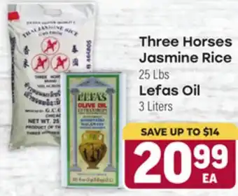 Tony’s Fresh Market Three Horses Jasmine Rice 25 Lbs Lefas Oil 3 Liters offer