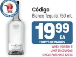 Tony’s Fresh Market Código Blanco Tequila offer