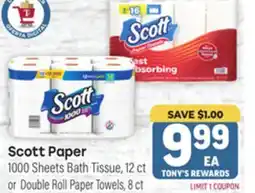 Tony’s Fresh Market Scott 1000 Sheets Bath Tissue, 12 ct or Double Roll Paper 8 ct offer