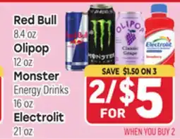 Tony’s Fresh Market Red Bull 8.4 oz, Olipop 12 oz, Monster Energy Drinks 16 oz, Electrolit 21 oz offer