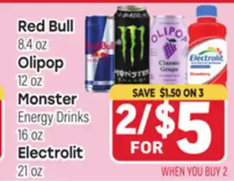 Tony’s Fresh Market Red Bull 8.4 oz, Olipop 12 oz, Monster Energy Drinks 16 oz, Electrolit 21 oz offer