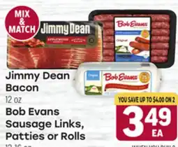 Tony’s Fresh Market Jimmy Dean Bacon 12 oz, Bob Evans Sausage Links, Patties or Rolls offer