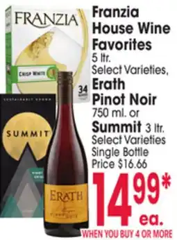 Jewel-Osco Franzia House Wine Favorites 5 ltr., Erath Pinot Noir 750 ml. or Summit 3 ltr offer
