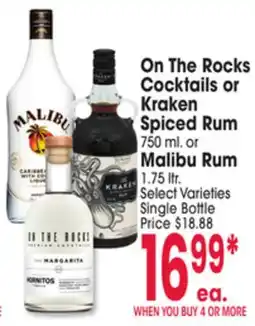 Jewel-Osco On The Rocks Cocktails or Kraken Spiced Rum 750 ml or Malibu Rum, 1.75 ltr offer