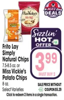 Jewel-Osco Frito Lay Simply Natural Chips 7.5-8.5 oz. or Miss Vickie's Potato Chips 8 oz offer