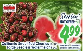 Jewel-Osco California Sweet Red Cherries lb., or Large Seedless Watermelons ea offer