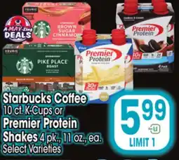 Jewel-Osco Starbucks Coffee 10 ct. K-Cups or Premier Protein Shakes 4 pk., 11 oz., ea offer