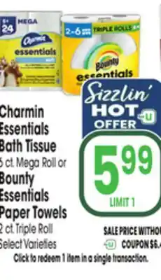 Jewel-Osco Charmin Essentials Bath Tissue 6 ct. Mega Roll, Bounty Essentials Paper Towels 2 ct. Triple Roll offer