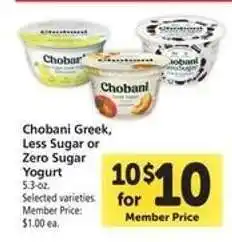 Safeway Chobani Greek, Less Sugar or Zero Sugar Yogurt offer