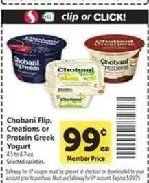 Safeway Chobani Flip, Creations or Protein Greek Yogurt offer