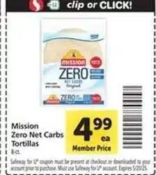 Safeway Mission Zero Net Carbs Tortillas offer