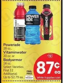 Albertsons Powerade 28 oz., Vitaminwater 20 oz. or Bodyarmor 16 oz. - Select Varieties offer