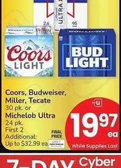 Albertsons Coors, Budweiser, Miller, Tecate 30 pk. or Michelob Ultra 24 pk offer