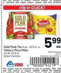 Albertsons Gold Peak Tea 6 pk., 16.9 oz. or Totino's Pizza Rolls 24.46-24.8 oz. - Select Varieties offer